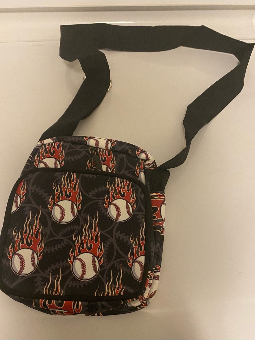 Black Flaming Baseball Crossbody Bag for Men